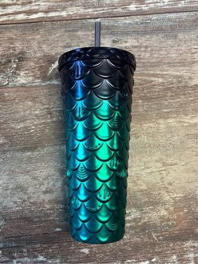 Starbucks Iridescent Teal Mermaid Scale Tumbler Straw Cup Reusable Iced Coffee